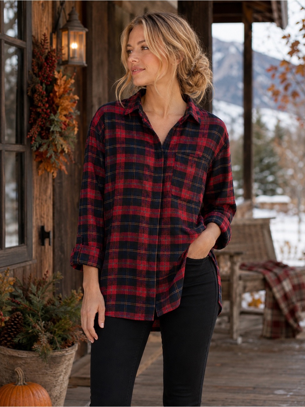 Classic Red, Navy & Black Plaid Button-Up Shirt for Women Soft Light Flannel
